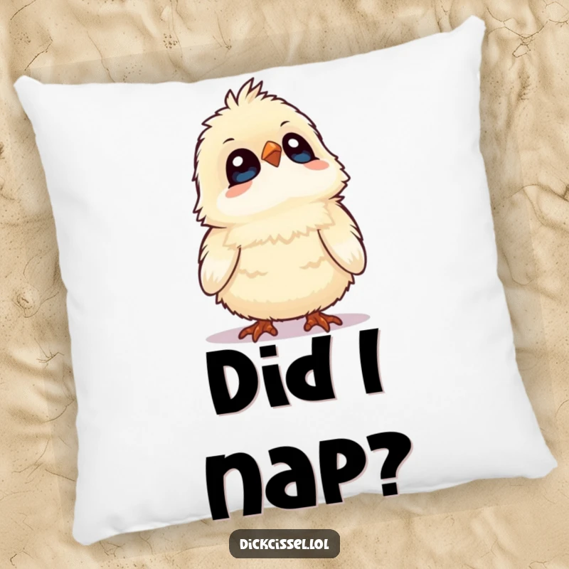 Funny pillow featuring a fluffy bird tilting its head up, eyes wide with adorable wonder. Soft and cozy accent.