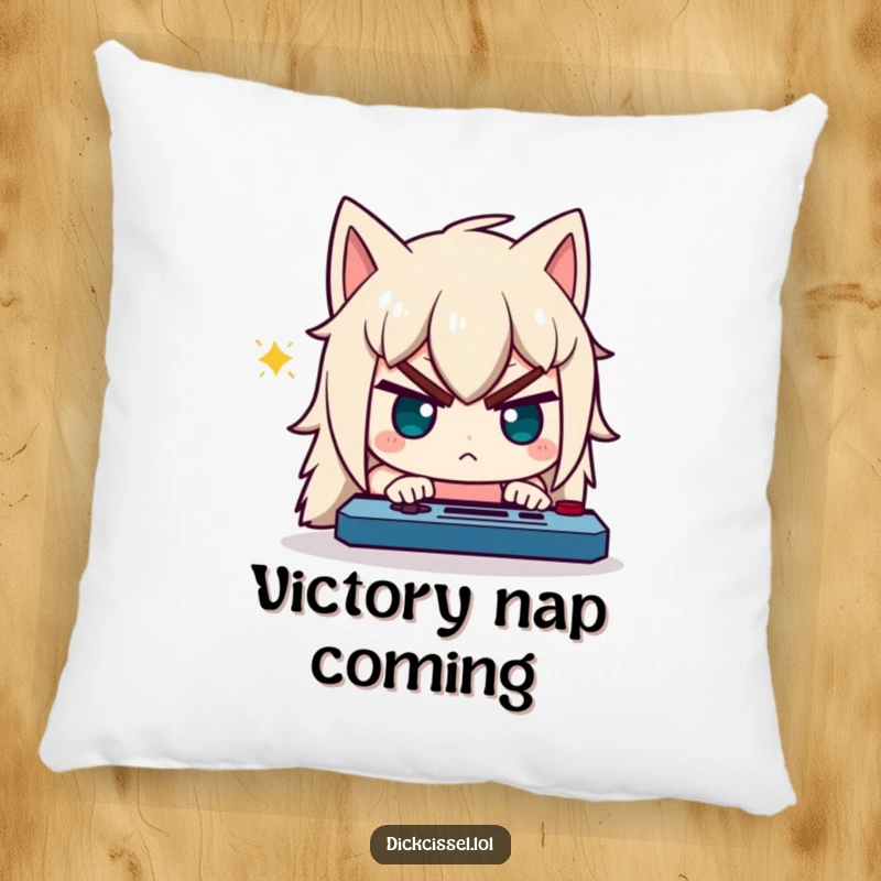 Funny decorative pillow featuring a character with a comically determined expression, intensely focused on a video game.