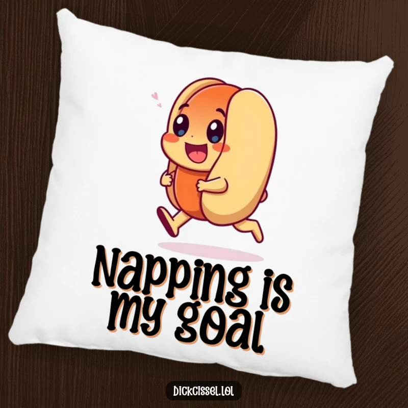 Funny Pillow featuring a smiling hot dog character doing a happy trot, providing soft comfort with a dose of playful humor.