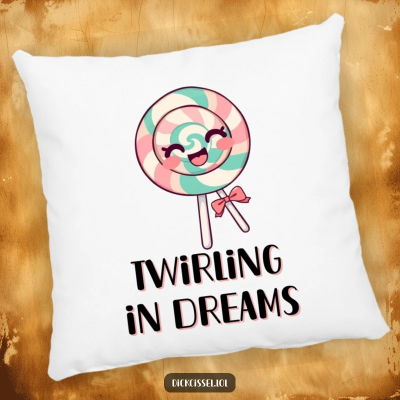 Funny lollipop pillow featuring a cheerful lollipop spinning with pure glee, designed to bring joyful comfort and a playful atmosphere.