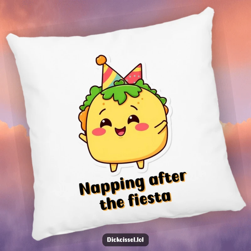 Funny taco character pillow wearing a party hat, celebrating with pure joy, perfect for cozy fun.