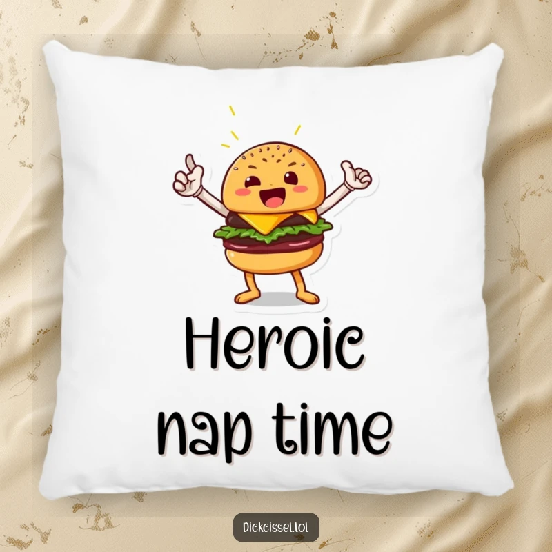 Funny decorative pillow featuring a beaming burger character in a heroic pose, providing soft comfort and a humorous touch, a wonderful funny gift.