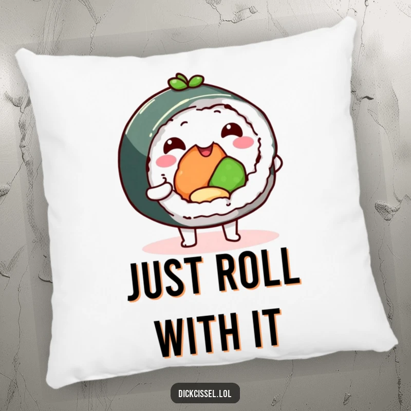 Funny sushi roll pillow, happy character offering a delicious bite, providing cozy comfort and playful decor. A charming accent piece.