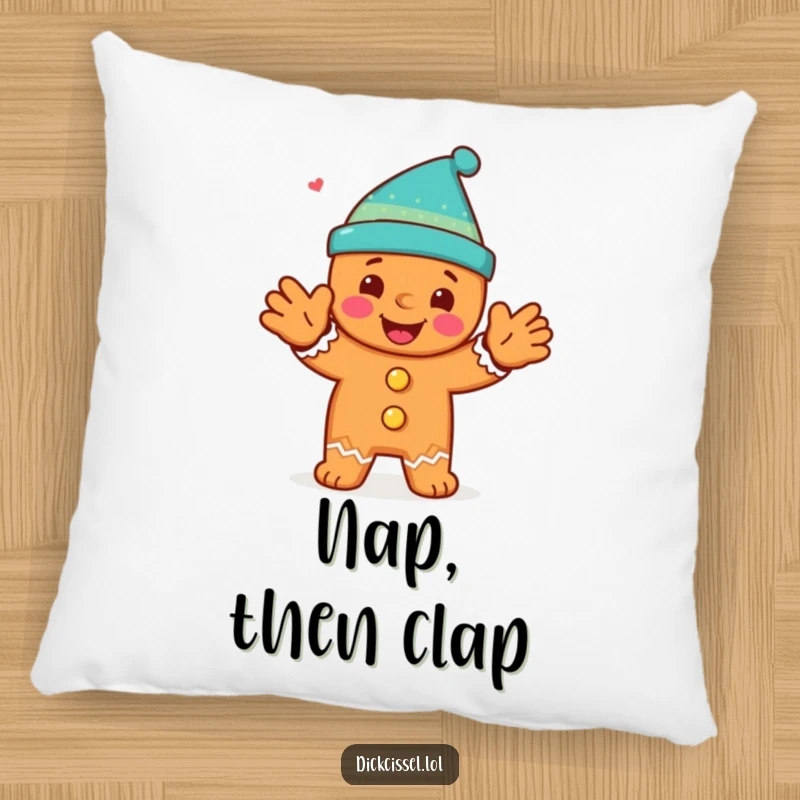 Funny pillow showcasing a happy gingerbread man character doing a spirited clap, perfect for cozy holiday vibes.