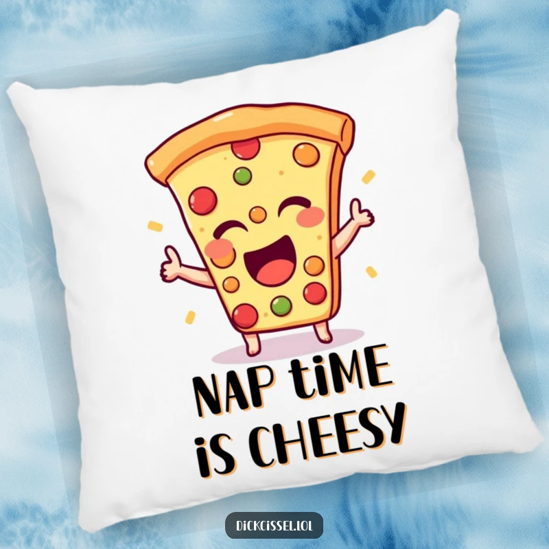 Funny pillow with an excited pizza slice giving a happy wink, providing comfort and a dose of cheesy fun.