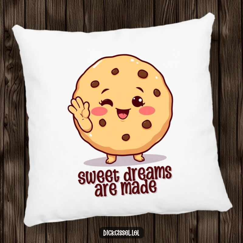 Funny winking cookie pillow featuring a cheerful cookie character winking and waving, soft and decorative.