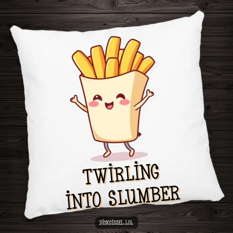 Funny decorative pillow featuring a cheerful french fry character in a mid-twirl, offering comfort and a playful centerpiece, a wonderful funny gift.