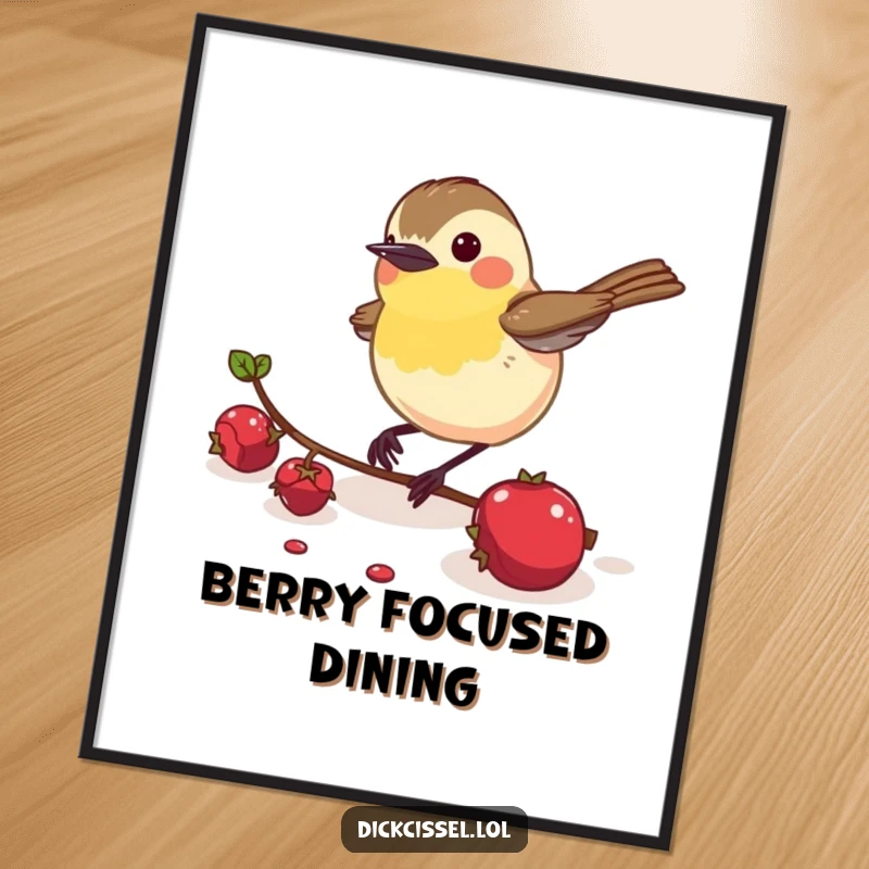Funny Dickcissel Bird Digital Art Print: An energetic dickcissel bird pecking a berry, perfect for instant, lively decor.