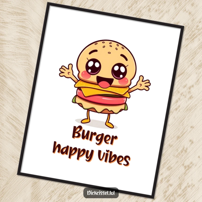 Funny happy burger character digital art, with googly eyes and flailing arms, for vibrant decor.