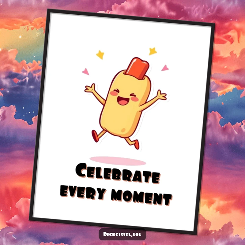 Funny digital art print of a smiling hot dog character doing a happy jump, ready to bring dynamic joy to walls, a wonderful funny gift.