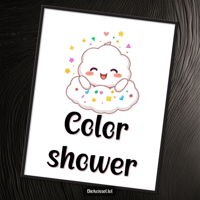 Funny digital art print of a joyful cloud character raining colorful stickers, perfect for immediate wall decor.