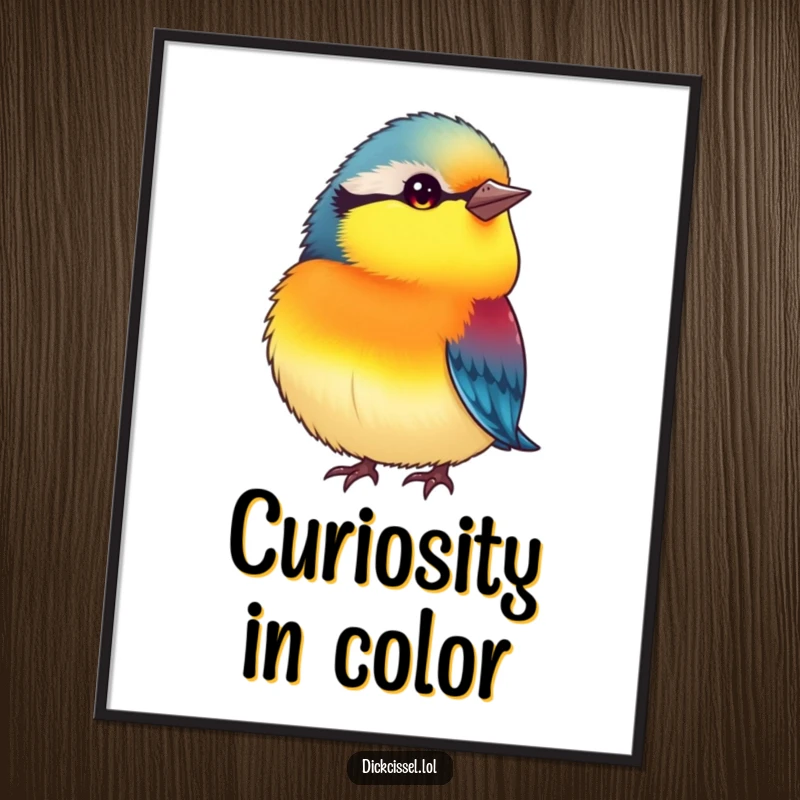 Funny digital art print of a small, plump, vibrantly colored bird tilting its head inquisitively, perfect for instant humorous decor.