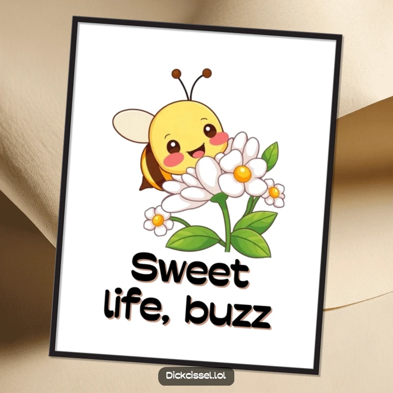 Funny digital art print of a happy bee character joyfully buzzing around a vibrant flower, perfect for cheerful decor.