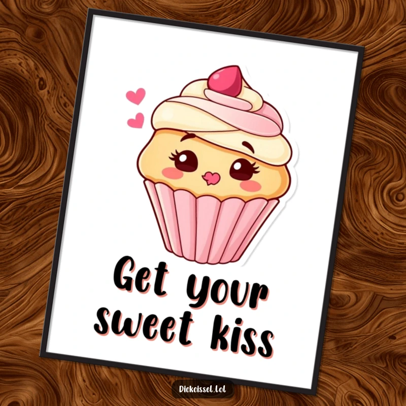 Funny Digital Art Print of a cute cupcake character blowing a kiss of frosting, a happy and sweet decoration for any screen.