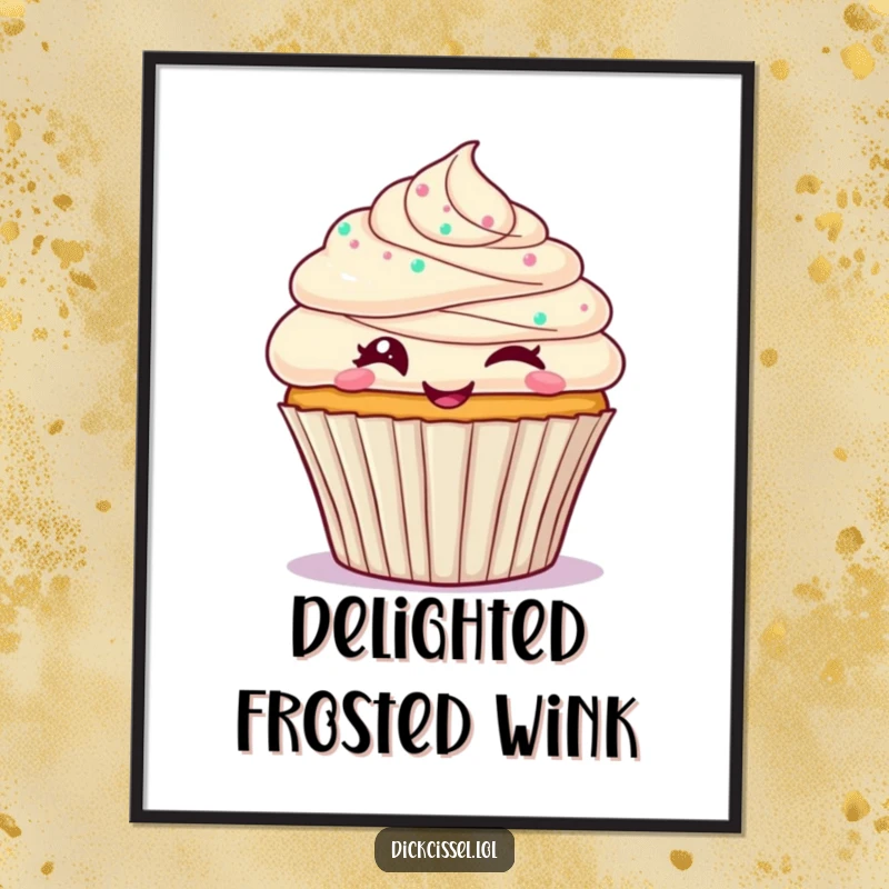Funny cupcake digital art print of a frosted cupcake cheerfully winking, perfect for instant sweet and playful wall decor.