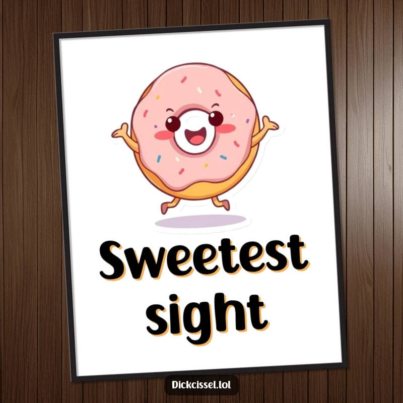 Funny digital art print of a cheerful doughnut character doing a happy jig, ideal for instant, sweet wall decor.