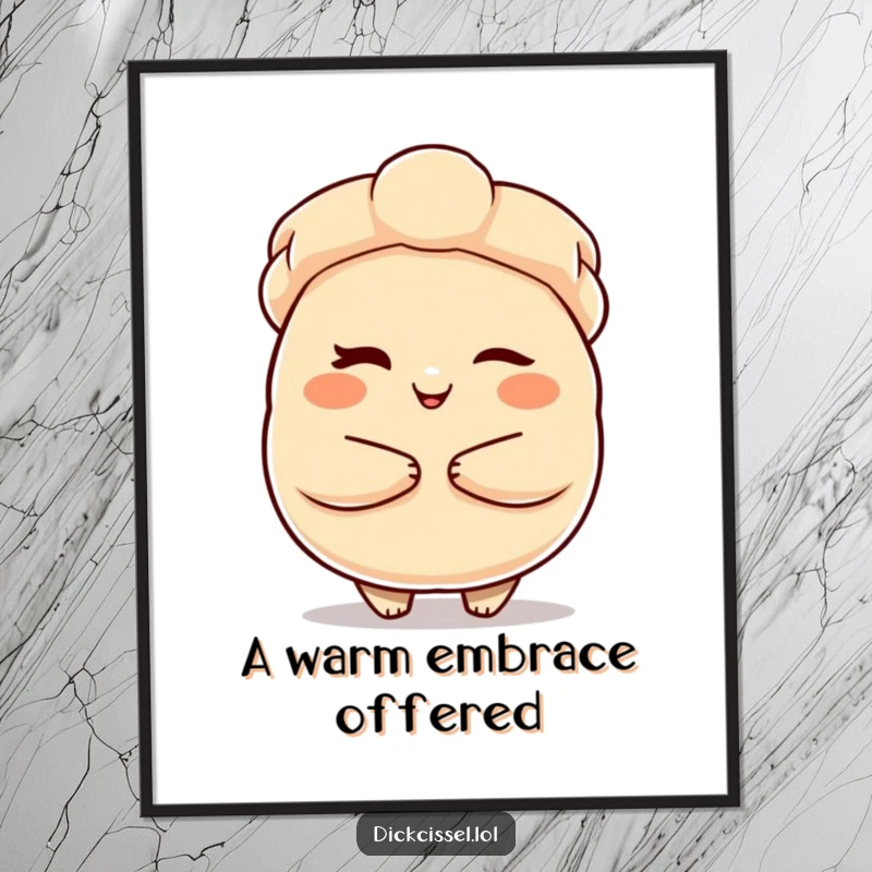 Funny Digital Art Print of a winking dumpling character offering a warm embrace, adding cute and comforting humor to any display.