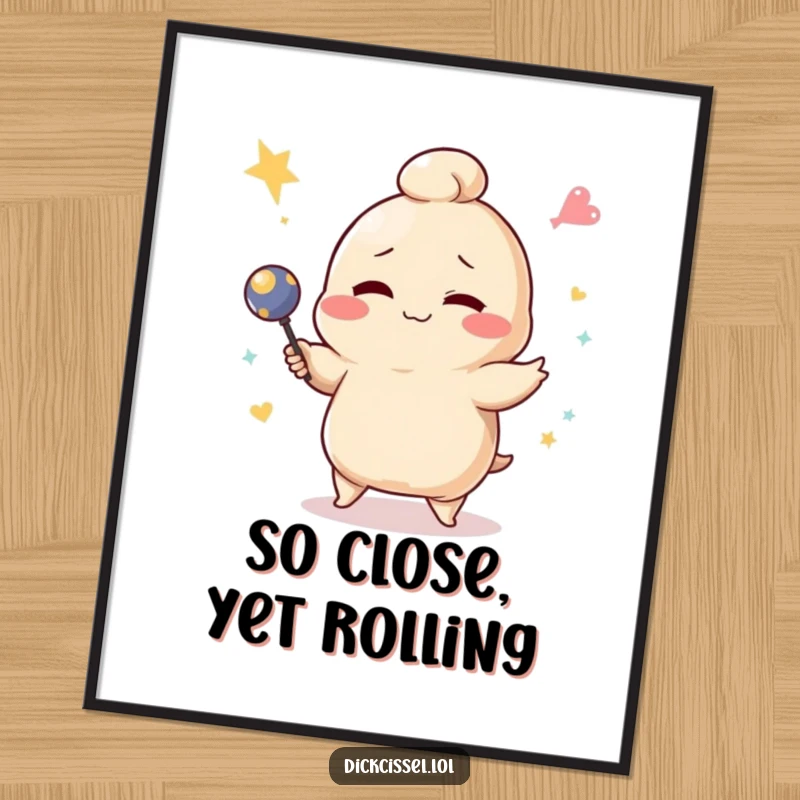 Funny winking dumpling character hilariously failing at juggling, presented as a digital art print for walls.