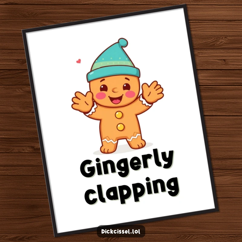Funny digital art print of a happy gingerbread man character doing an enthusiastic clap, radiating holiday joy.