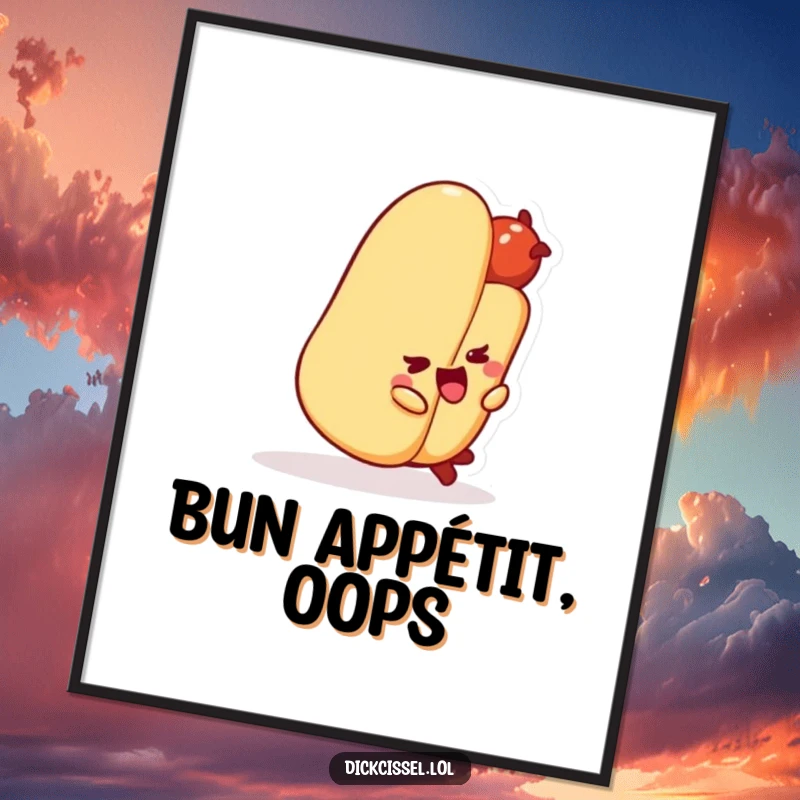 Funny hot dog character hilariously tripping over its bun, presented as a digital art print for walls.