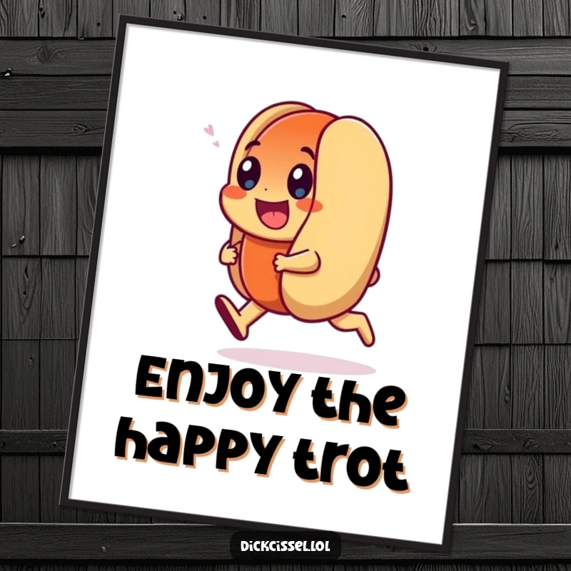 Funny Digital Art Print of a smiling hot dog character doing a happy trot, adding energetic cheer and humor to any display.