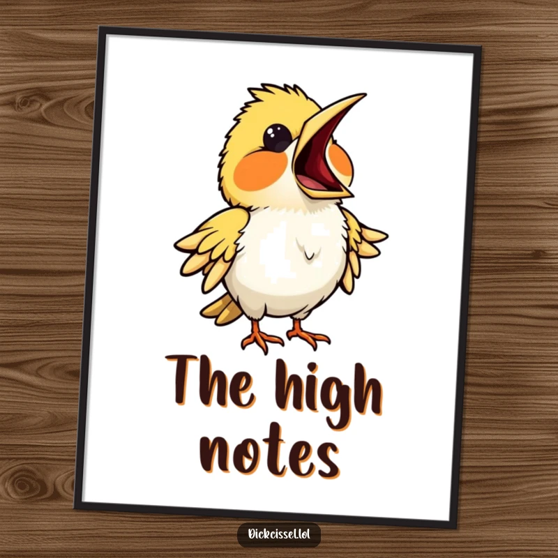 Funny digital art print of a bird dramatically singing opera with its beak wide open, full of theatrical passion. Dramatic wall decor.