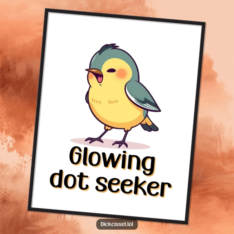Funny digital art print of a stylized dickcissel bird excitedly pecking at a tiny, glowing dot.