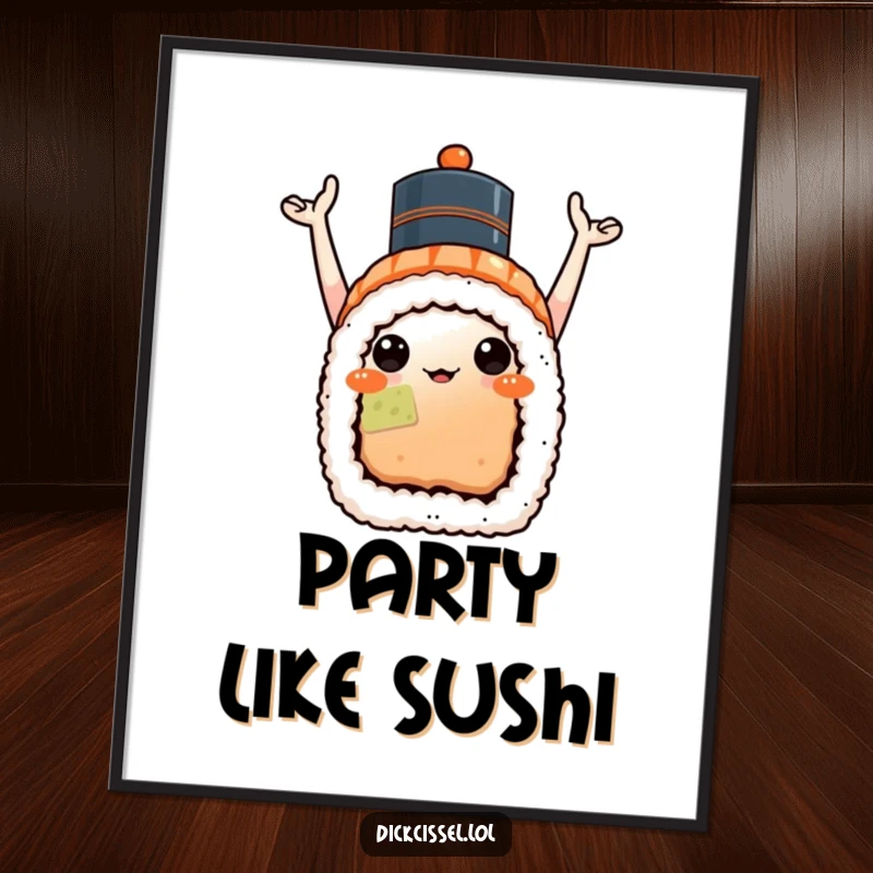 Funny sushi celebration digital art print of a sushi roll wearing a hat, arms raised in a joyous party gesture.
