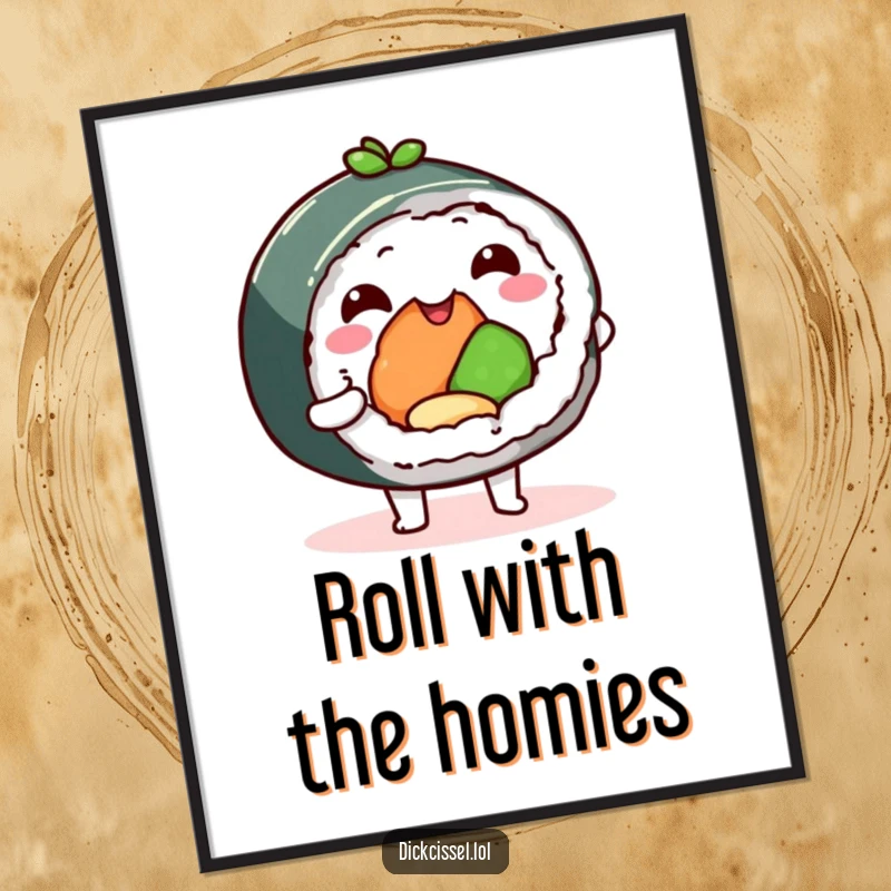 Funny sushi roll digital art print, happy character offering a delicious bite, vibrant and humorous wall decor. Instant downloadable art.