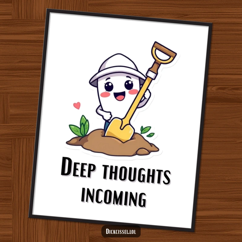 Funny smiling trowel character digging a hole, ready to be printed and add gardening cheer to any room.