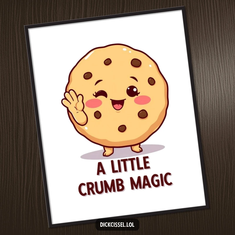 Funny winking cookie digital art print of a cheerful cookie character winking and waving, full of friendly warmth.
