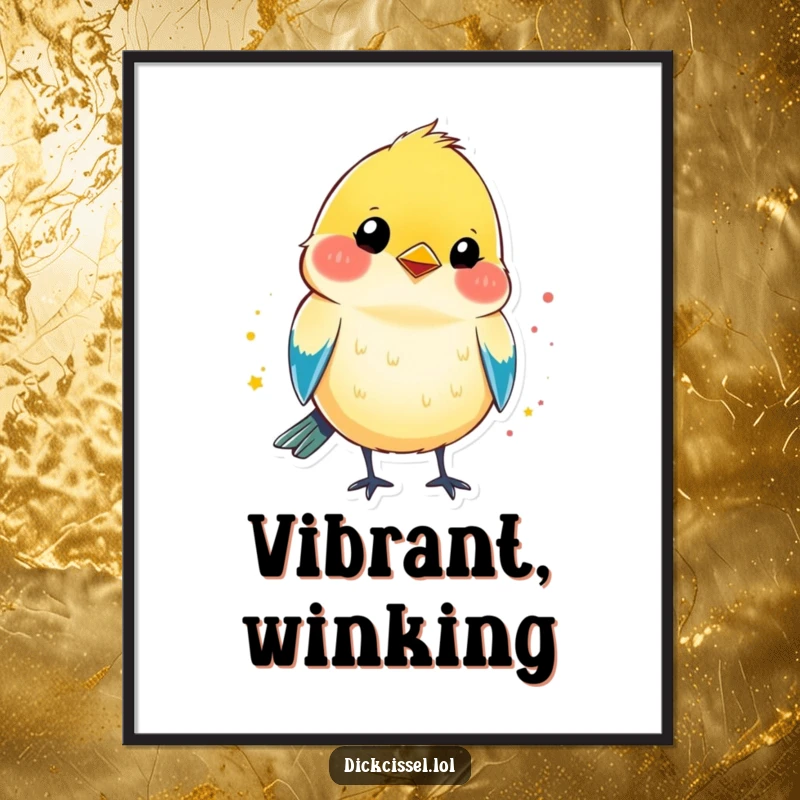 Funny digital art print of a colorful dickcissel bird shape with a bright splash of color, giving a playful wink.