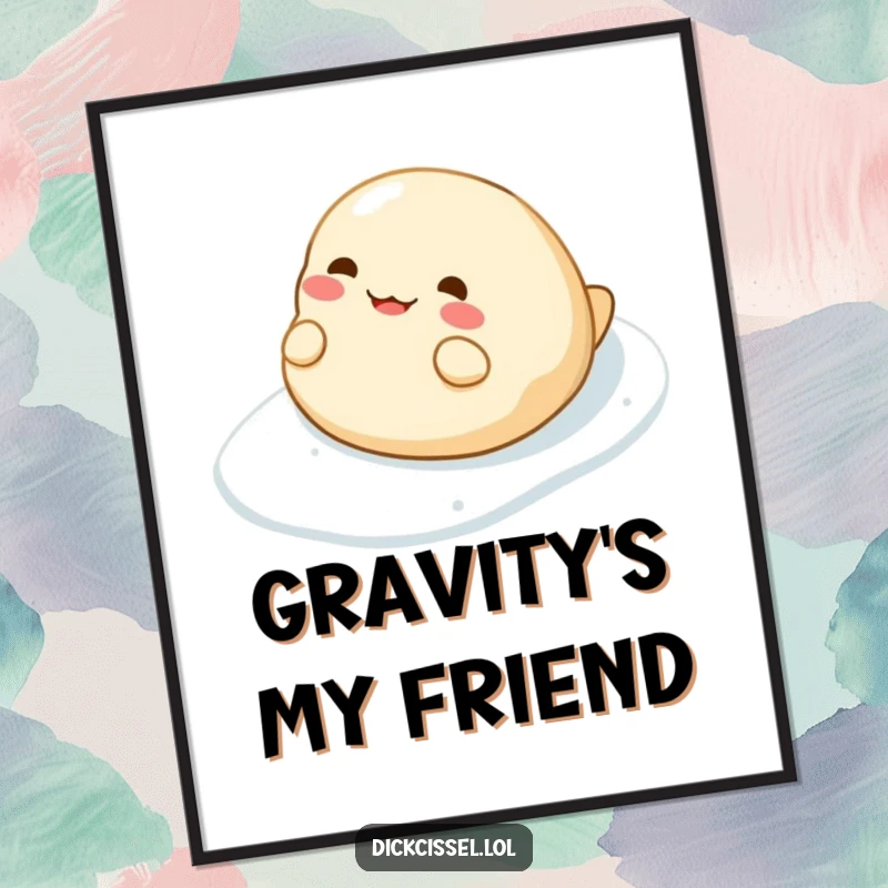 Funny digital art print of a cheerful dumpling character sliding with pure delight down a slippery slope.