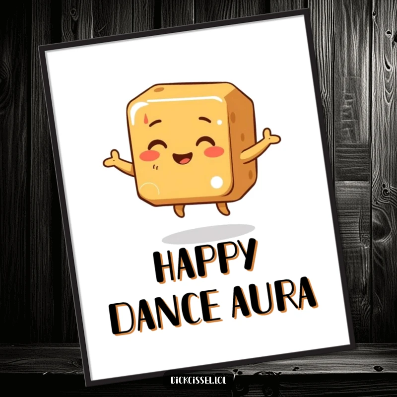 Funny Digital Art Print of an effervescent caramel cube doing a lively, wobbly dance, perfect for vibrant, fun decor.