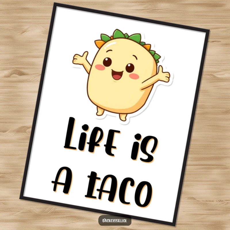 Funny taco exploration digital art print, smiling character with welcoming arms, vibrant and humorous wall decor. Instant downloadable art.