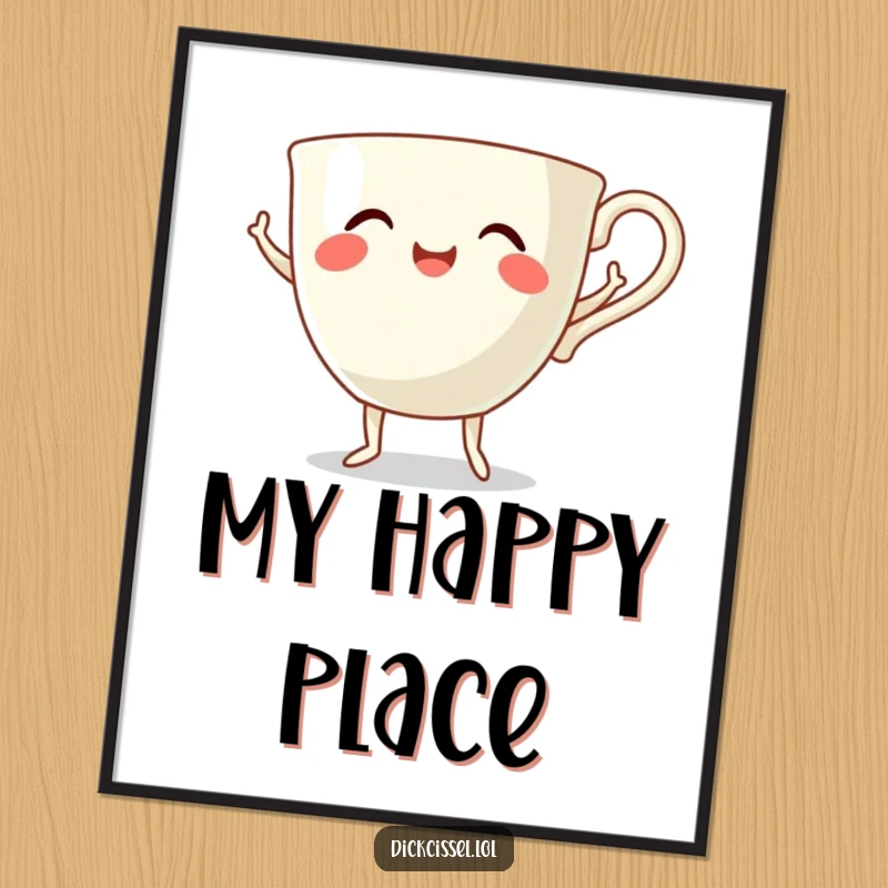 Funny dancing teacup digital art print of a smiling teacup with tiny legs in mid-happy dance, full of vibrant energy.