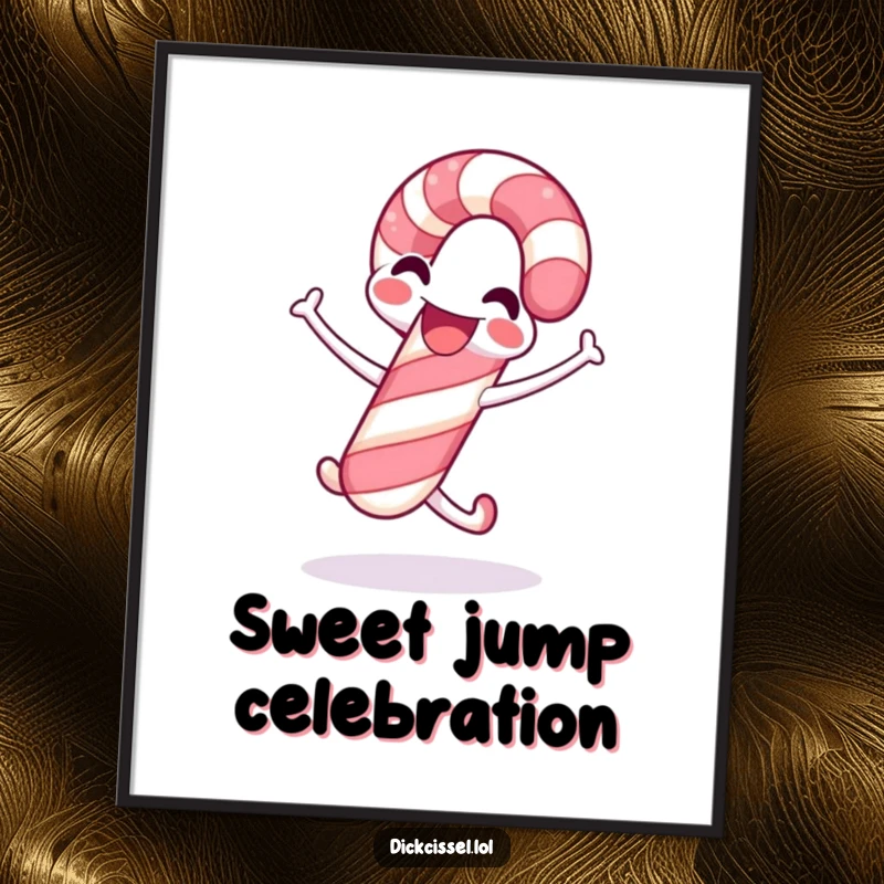 Funny candy cane digital art print of a smiling candy cane joyfully jumping, perfect for instant festive wall decor and printable art.