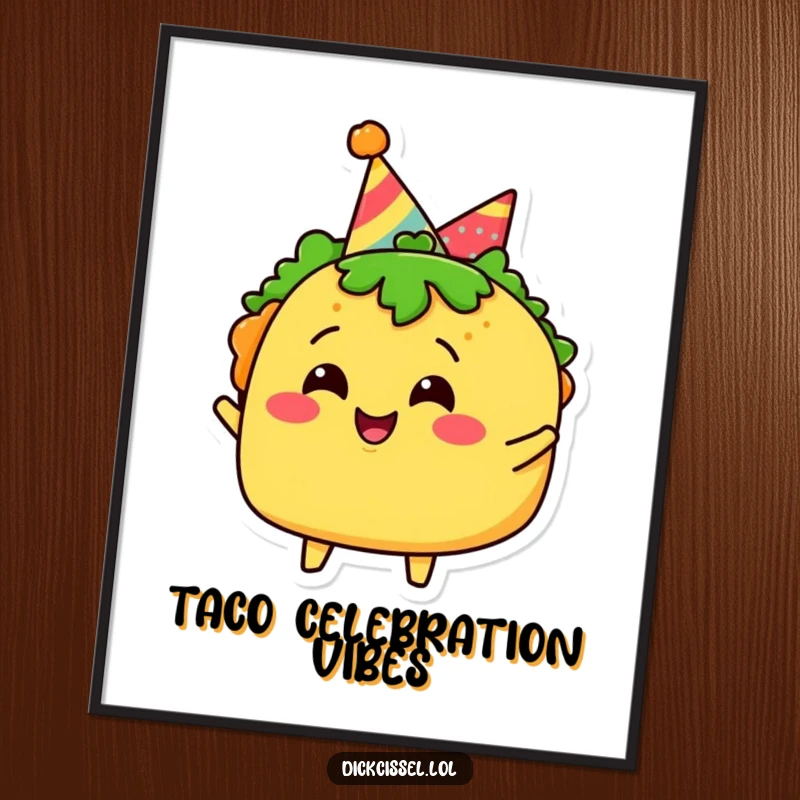 Funny taco character digital art print with a party hat, celebrating joyfully, for instant festive decor.