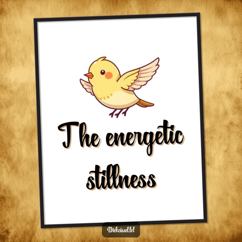 Funny digital art print of a tiny bird energetically flapping its wings, appearing to hover, perfect for dynamic decor.