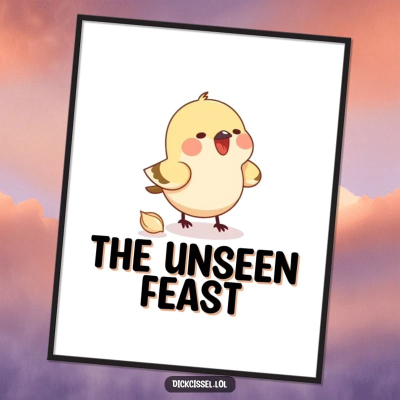 Funny digital art print of a small bird joyfully pecking an invisible seed with great focus. Humorous wall decor.