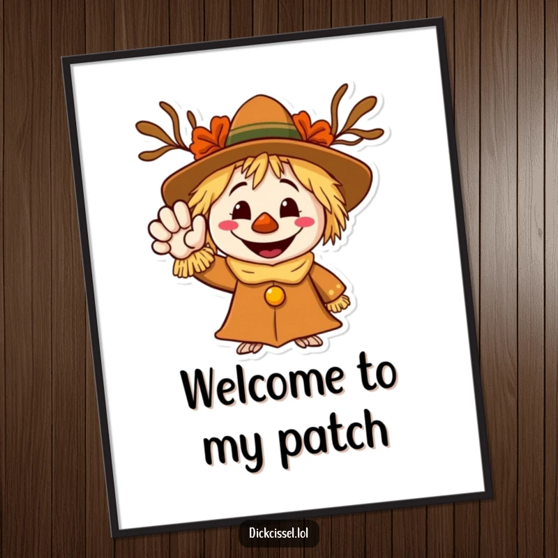 Funny digital art print of a smiling scarecrow character waving a welcoming hand, perfect for festive, humorous decor.