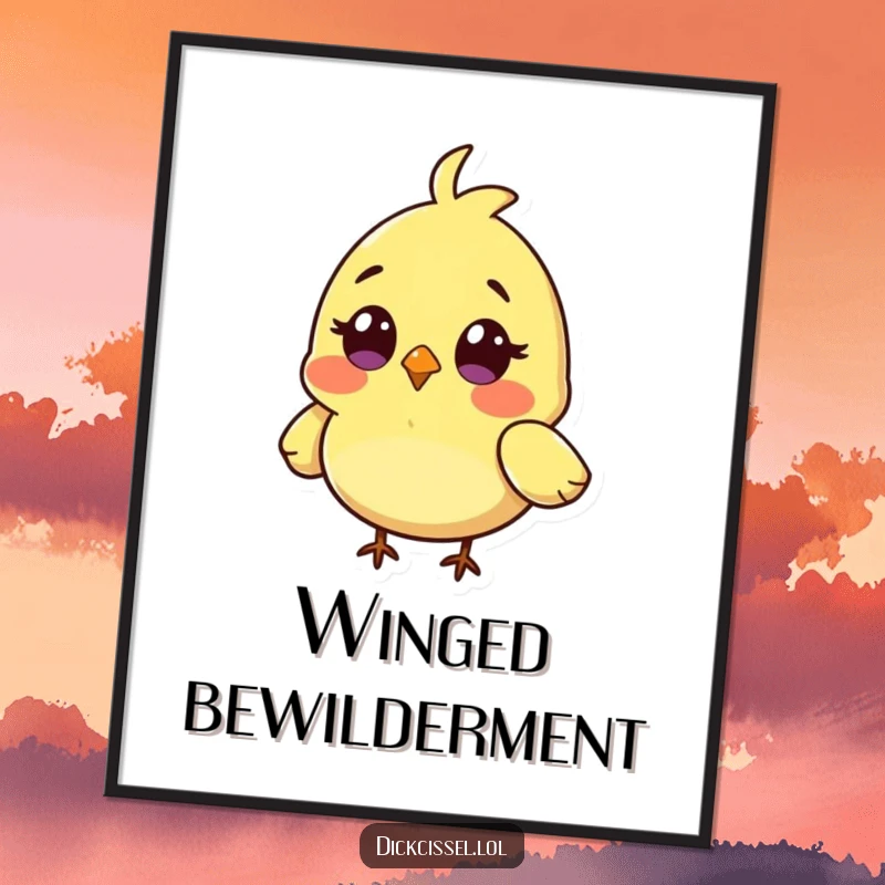 Funny digital art print of a tiny bird character with a comically surprised look and wings slightly askew.