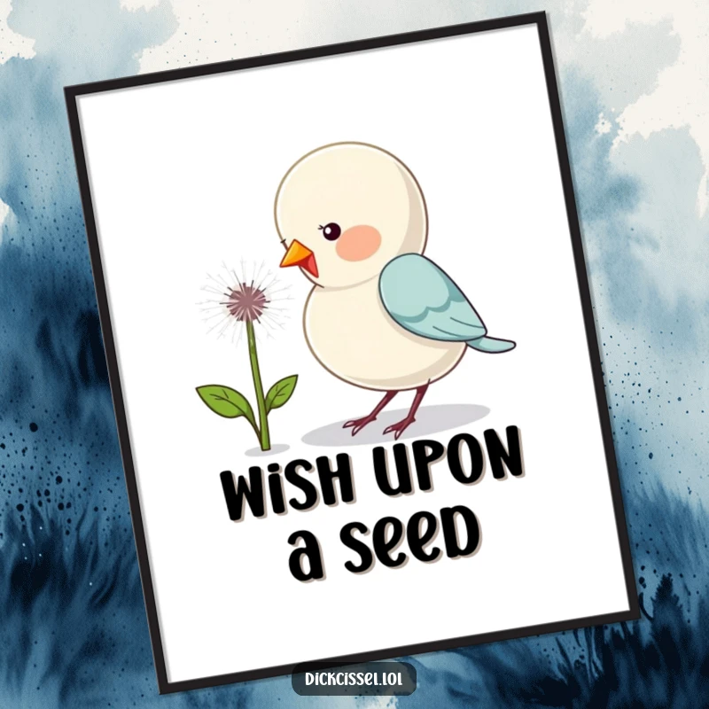 Funny digital art print of a cute bird humorously pecking a dandelion puff, ideal for instant wall decor.