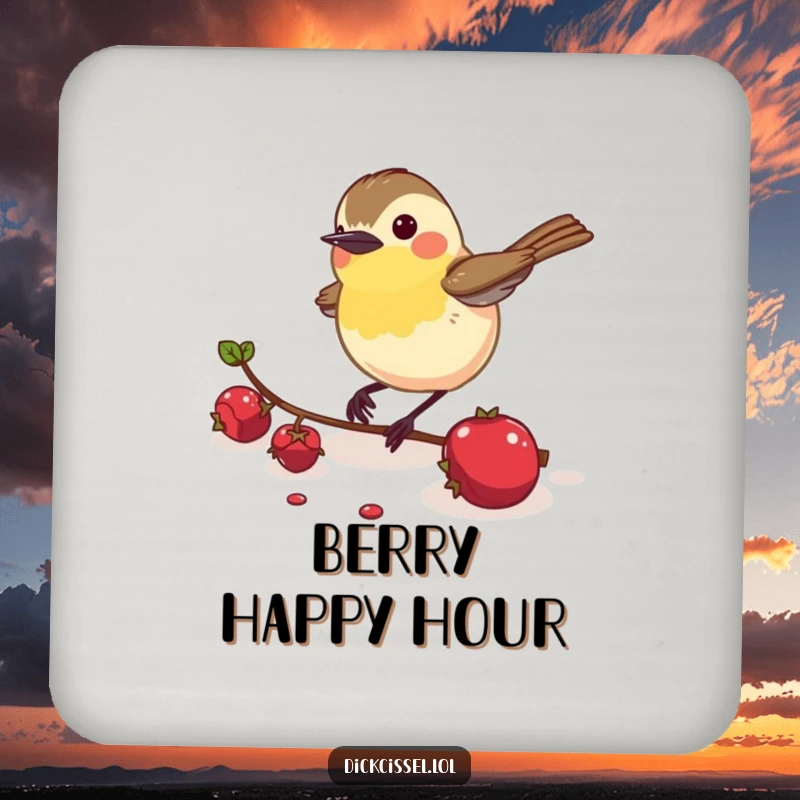 Funny Dickcissel Bird Drink Coaster: An energetic dickcissel bird pecking a berry, adding flair and protection.