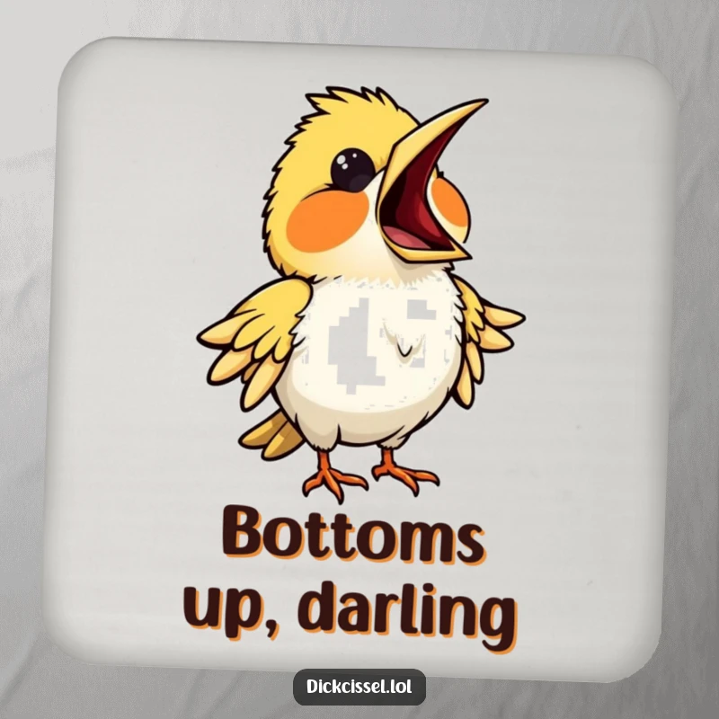 Funny drink coaster with a bird singing opera, beak wide open, adding musical flair. Protective accessory.