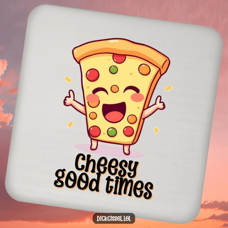 Funny drink coasters featuring an excited pizza slice giving a happy wink, protecting tables with cheesy humor.