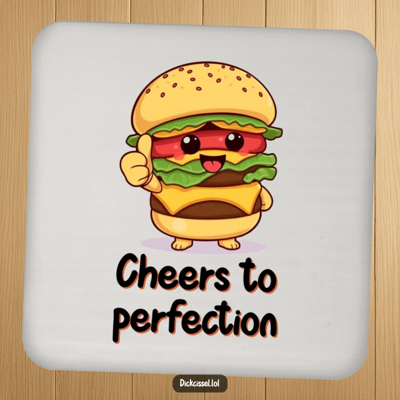 Funny Drink Coaster featuring a happy burger character giving a thumbs up, protecting surfaces with a tasty, humorous design.