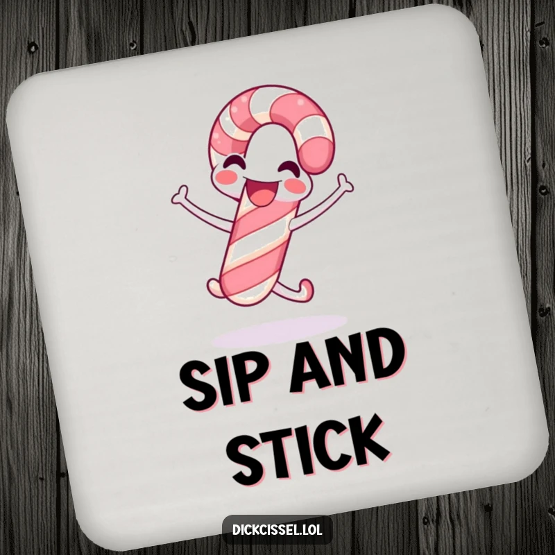 Funny candy cane coasters showcasing a smiling candy cane doing a happy jump, adding festive charm to any table setting.