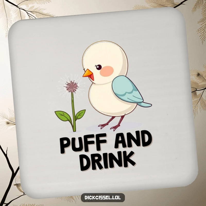 Funny drink coaster with a cute bird humorously pecking a dandelion, protecting surfaces with charm.