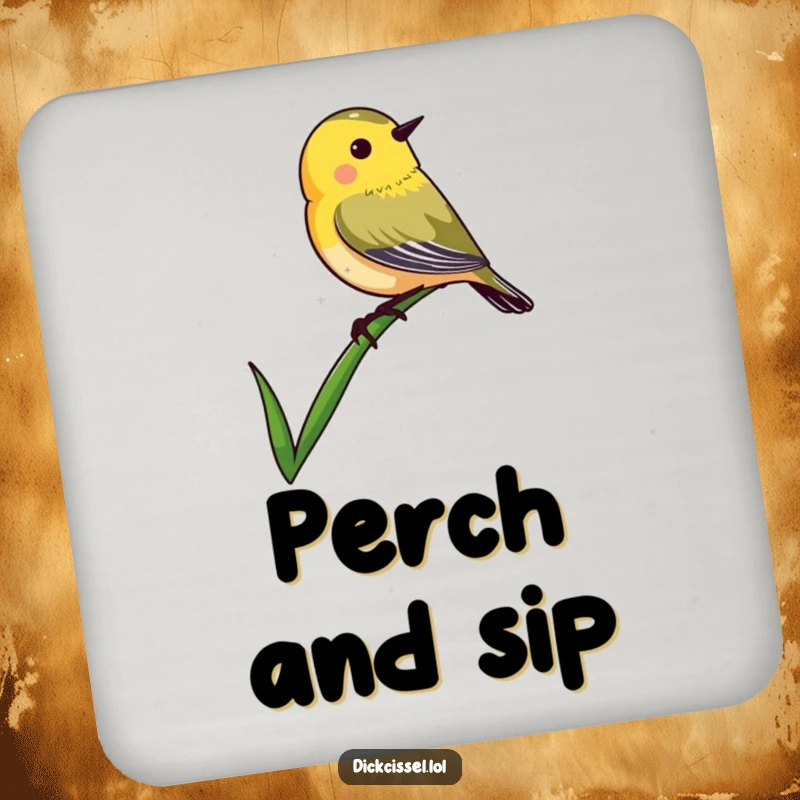 Funny drink coaster featuring a dickcissel bird shape delicately perched on the very tip of a single blade of grass.